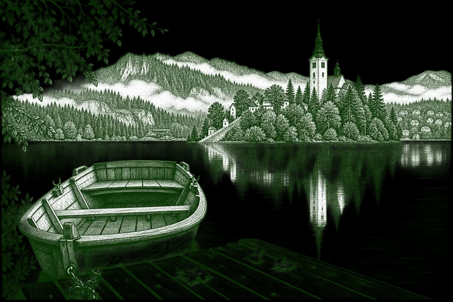 An engraved lakeside chapel among pines, with mountains rising behind still water.