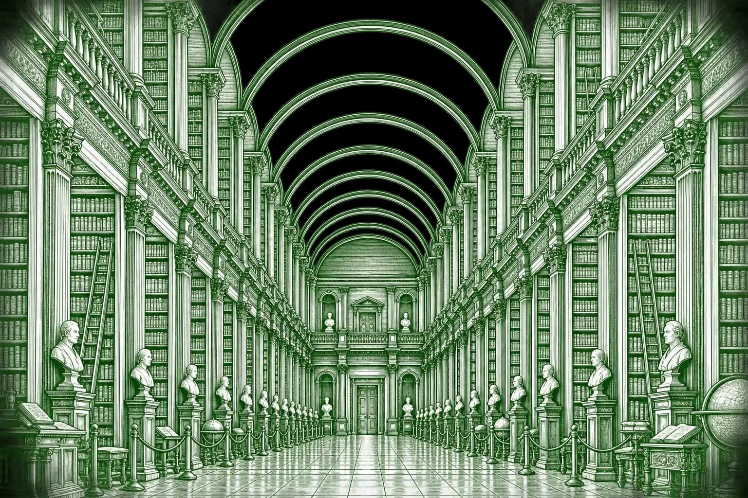 An engraved library hall with a vaulted ceiling, balconies of books and a figure reading at a desk.