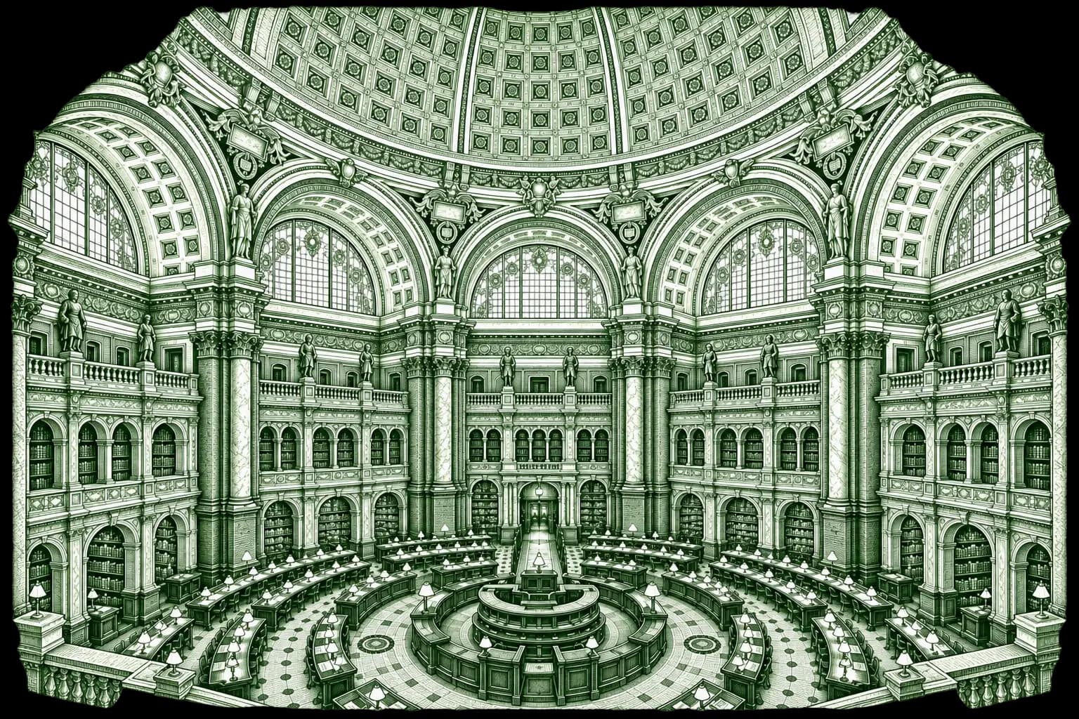 An engraved reading room: long tables, tall shelves and a single reader under a high window.